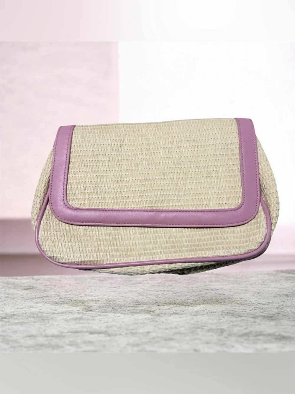 Woven Straw cosmetic clutch Bag with Pink Trim